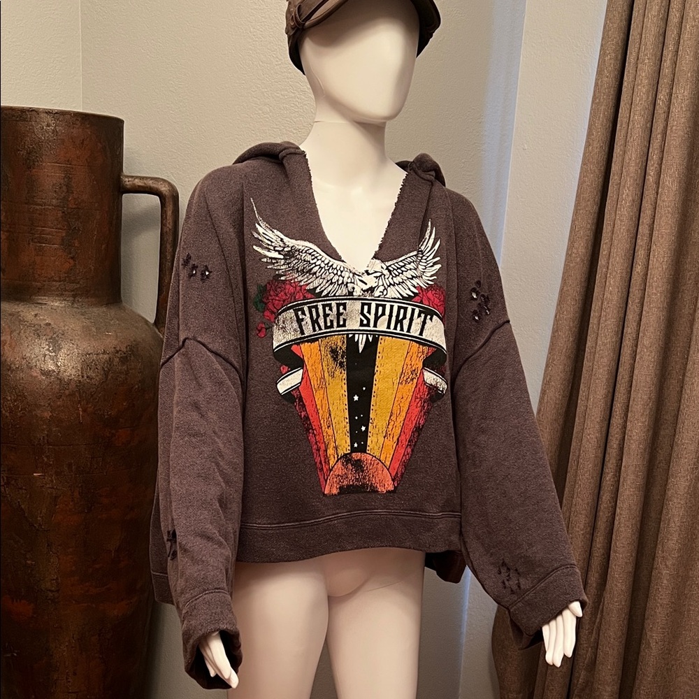 Free People “Free Spirit” Graphics Distressed Sweatshirt Hoodie